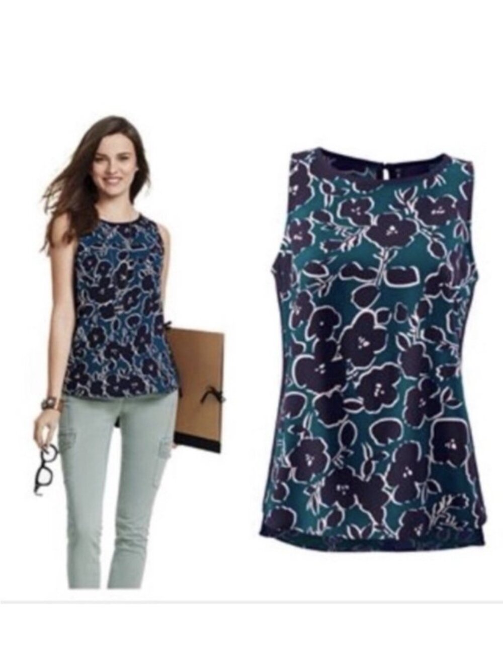 Cabi sleeveless top floral navy blue teal size 9/10 M workwear office chic